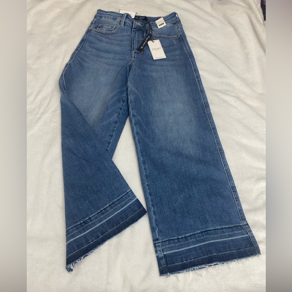 Judy Blue High Waist Tummy Control Release Hem Crop Wide Leg Denim Jeans 88875